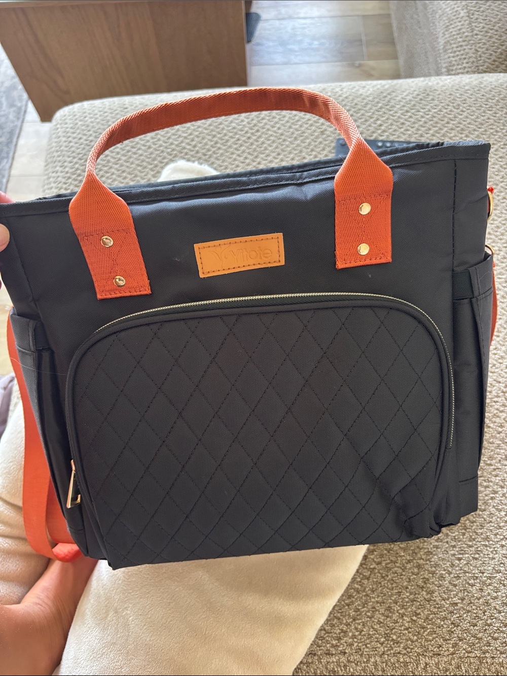 Quilted Black lunch Bag with Burnt Orange Handles